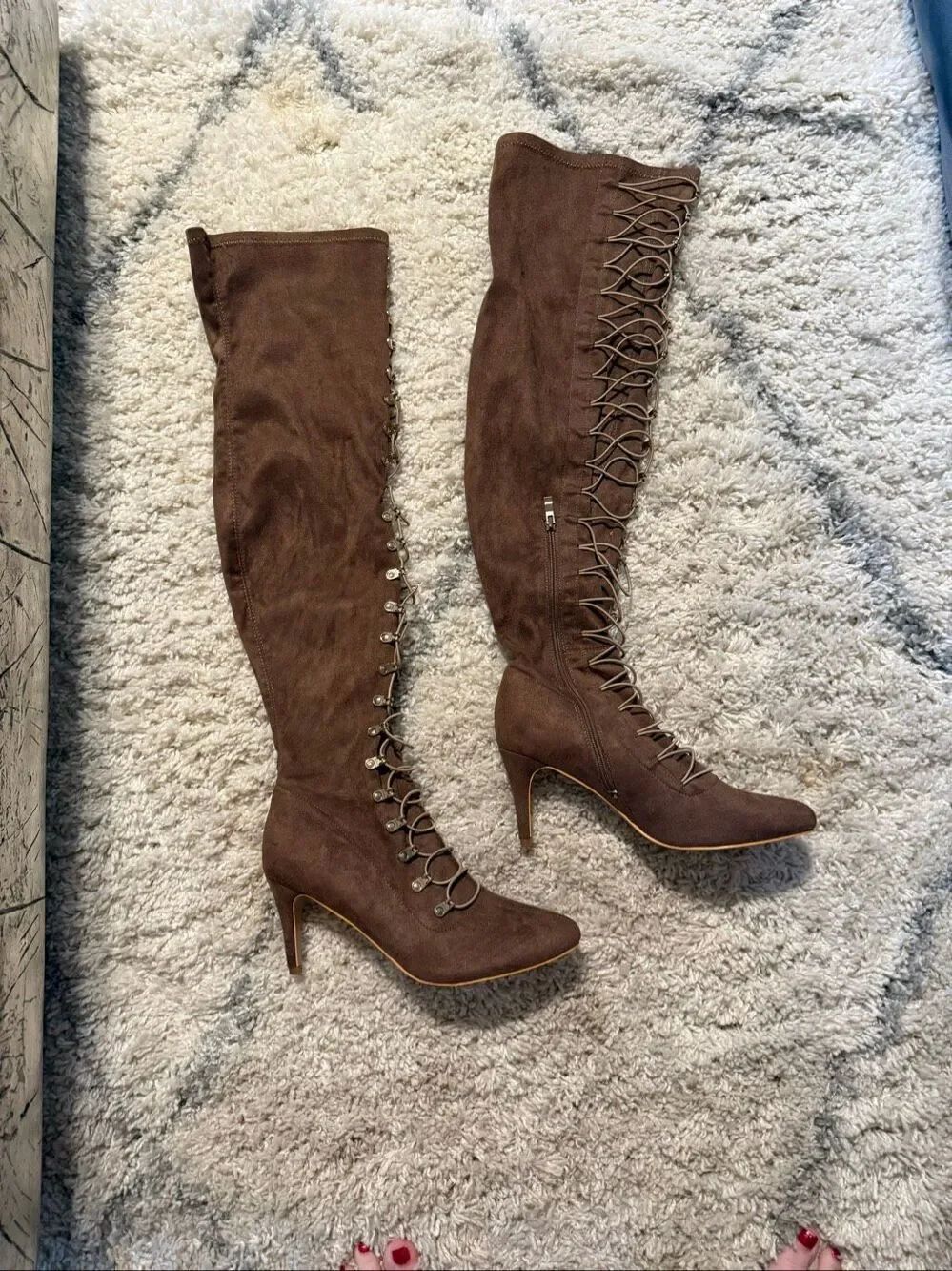 C Wonder Brown Faux Suede Lace Up Heeled  Over The Knee Boots sz 11 NWOT